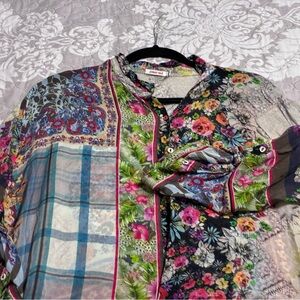Johnny Was Floral & Plaid Patchwork Blouse in Blue, Pink, Green